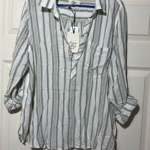 Cosmic Blue Relaxed Stripe Button-Down Shirt - White & Green XL